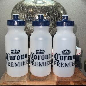Set of 3 Corona Premier BPA Free sports top water bottle 7” x 3” clear  blue NWT